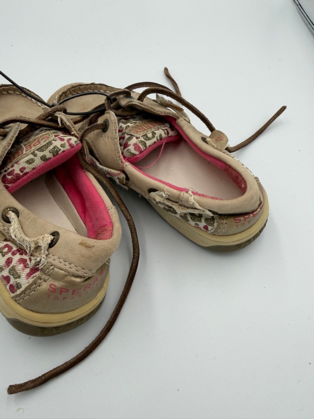 Sperry Toddler Girls 10.5 Tan Leopard Cheetah Moccasin Boat Shoes Pink Lining - Picture 5 of 8